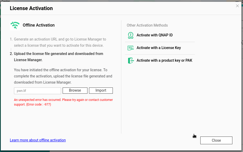 Offline activation upload